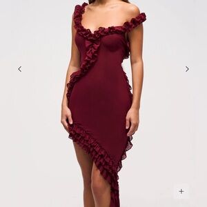Asymmetric ruffle dress in Deep Maroon.
